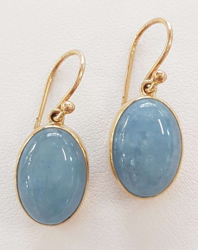 9ct Yellow Gold Aquamarine Cabochon Oval Drop Earrings