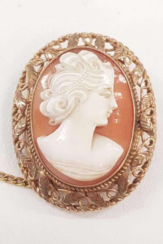 9ct Gold Ornate Filigree Oval Cameo Lady Head Brooch