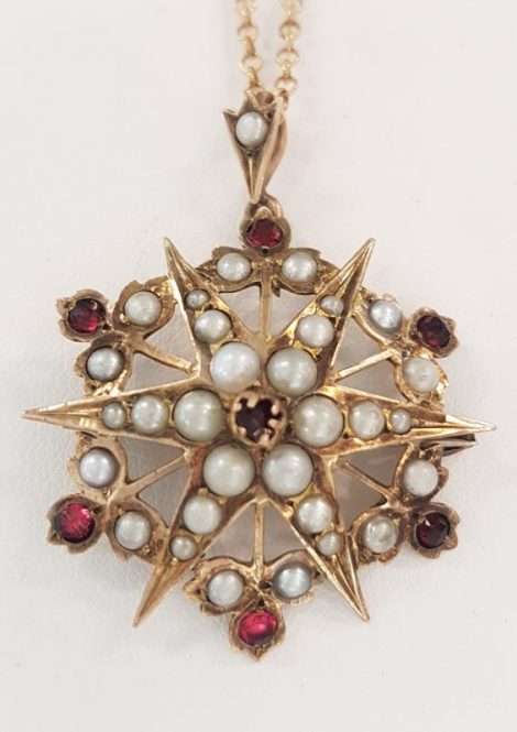 Antique Gold Seedpearl and Garnet Star Pendant on Chain