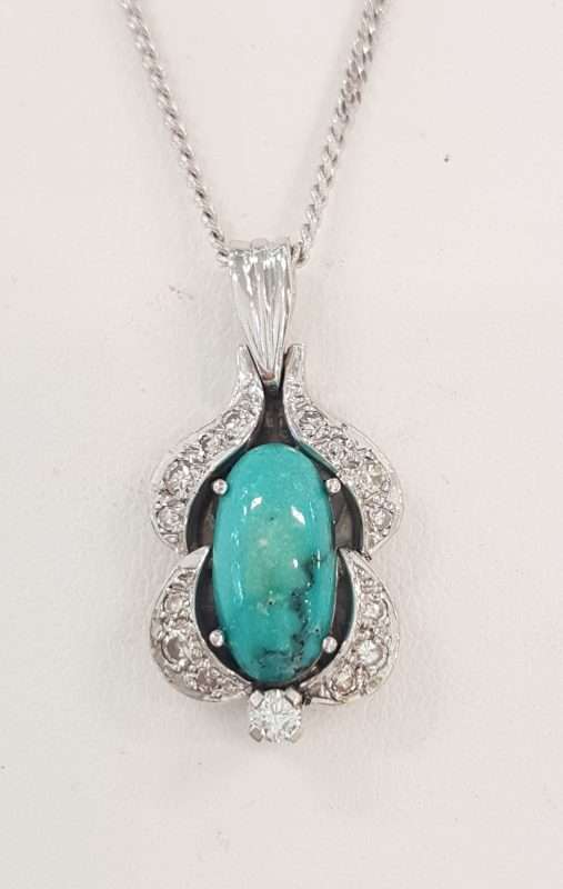 20200304_140702 18ct White Gold Turquoise & Diamond Ornate Cluster Pendant on Gold Chain