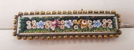 9ct Yellow Gold Micro Mosaic Floral Ornate Bar Brooch