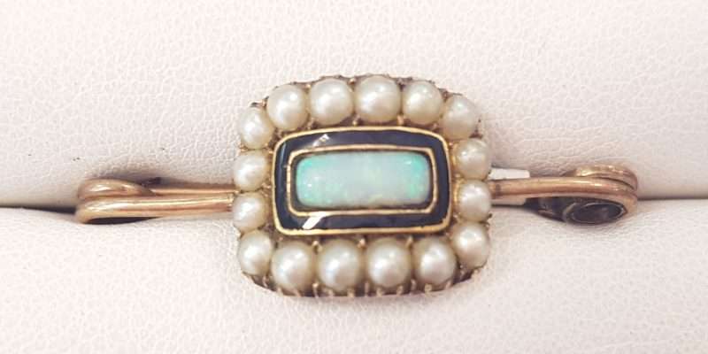 9ct Yellow Gold Black Enamel, Opal and Pearl Mourning Bar Brooch