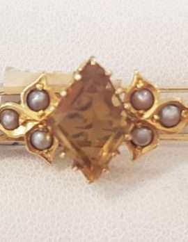 9ct Yellow GoldCitrine and Seedpearl Bar Brooch