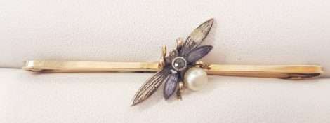 9ct Yellow Gold Enamel, Diamond and Pearl Butterfly Bar Brooch