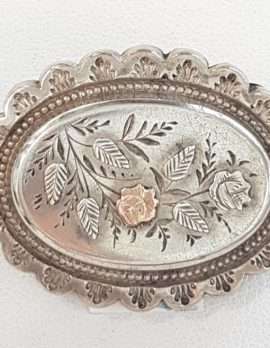 Sterling Silver and Gold Ornate Oval Antique Floral Brooch