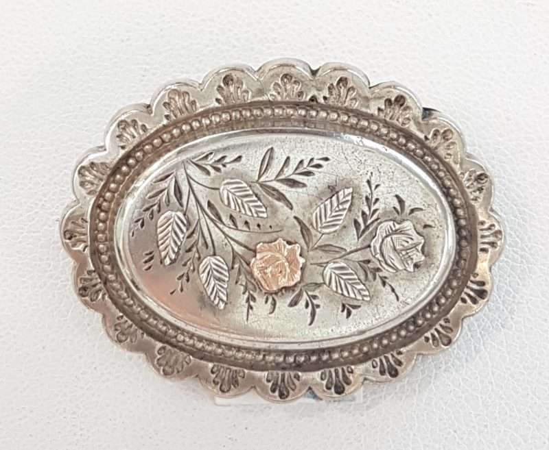 20200307_114037 Sterling Silver and Gold Ornate Oval Antique Floral Brooch