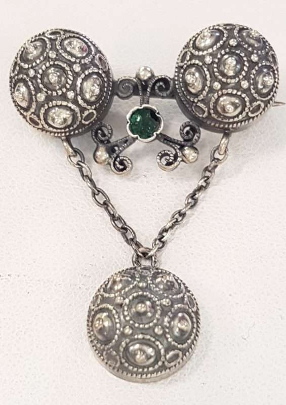 800 Silver Ornate Drop with Green Stone Brooch