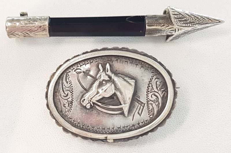 20200307_114143 Sterling Silver Ornate Oval Antique Horse Head with Riders Crop and Whip Brooch - Equestrian