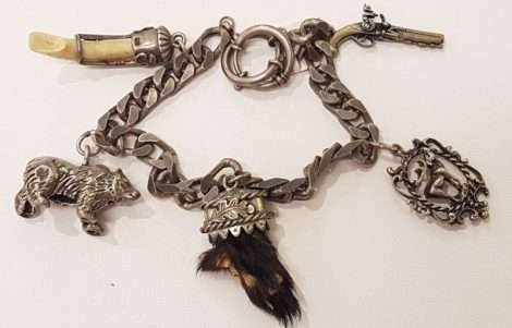 Silver Charivari with 5 Trinket/Charms incl. Bear, Pistol, Stag and Claws
