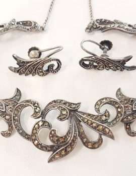 Sterling Silver Vintage Marcasite Ornate Necklace and Screw-On Earring Set
