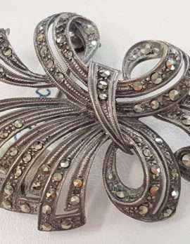 Sterling Silver Vintage Marcasite Large Ornate Bow Brooch