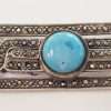 Sterling Silver Vintage Marcasite & Onyx Brooch – Wide With Larimar
