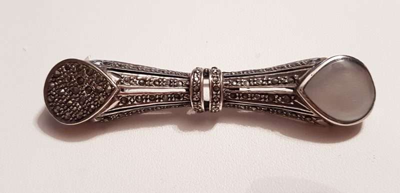 20200404_090609 Sterling Silver Marcasite and Mother of Pearl Long Brooch