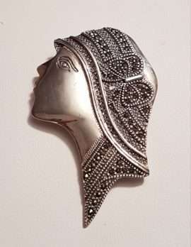 Sterling Silver Marcasite Large Ladies Head / Face Brooch