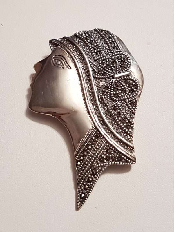 Sterling Silver Marcasite Large Ladies Head / Face Brooch