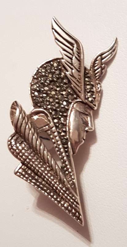 Sterling Silver Marcasite "Hermes" Brooch - Man with Winged Helmet - Mercury
