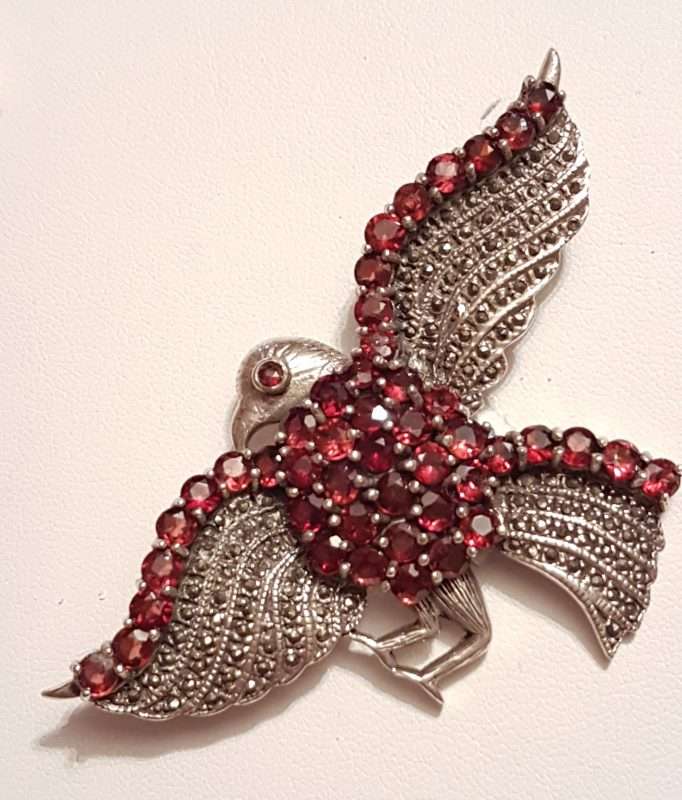 20200404_090858 Sterling Silver Marcasite and Garnet Large Bird / Eagle Brooch