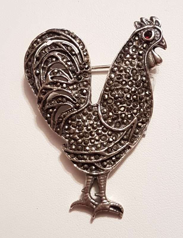 20200404_090909 Sterling Silver Marcasite Large Rooster Brooch with Garnet Eye