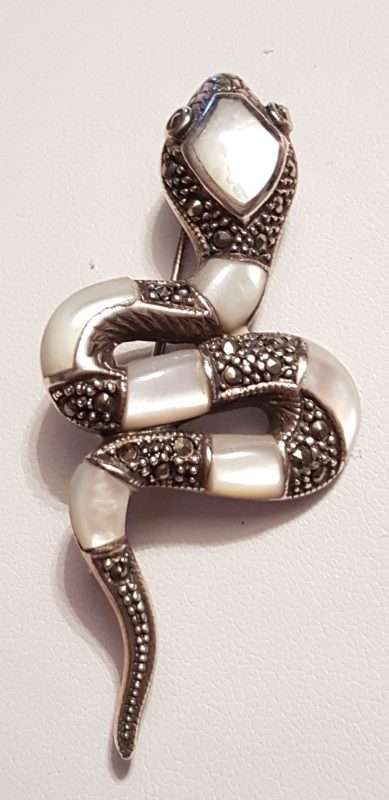 20200404_090929 Sterling Silver Marcasite & Mother of Pearl Snake Brooch