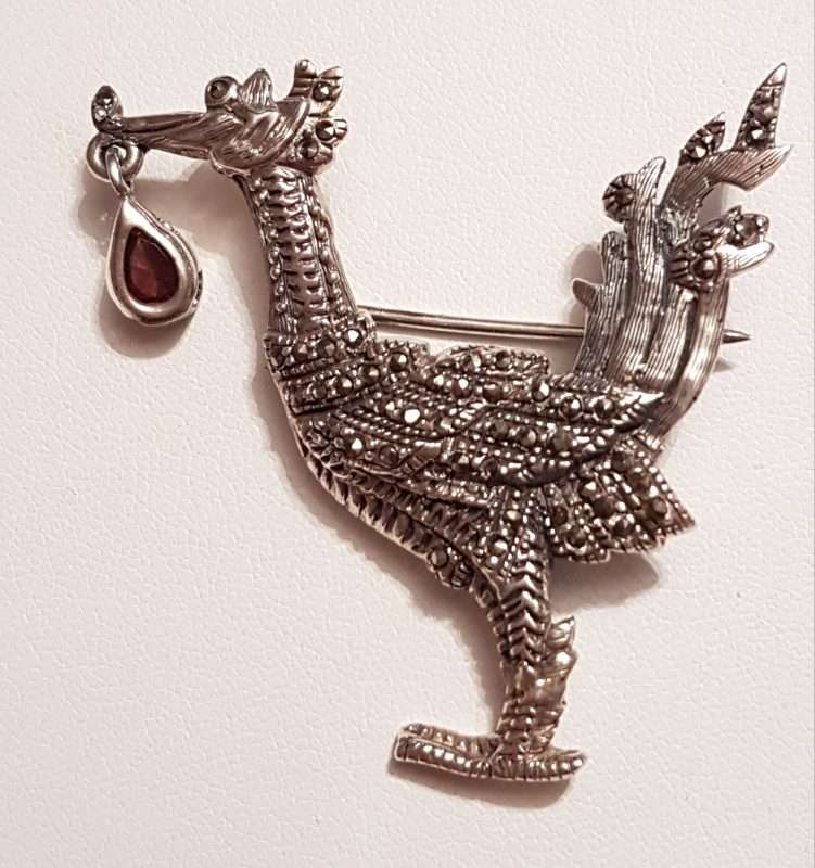 Sterling Silver Marcasite Large Crane / Stalk / Bird Brooch - Garnet Drop
