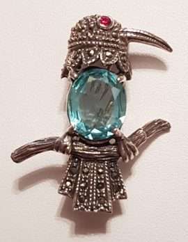 Sterling Silver Marcasite Bird with Blue Brooch
