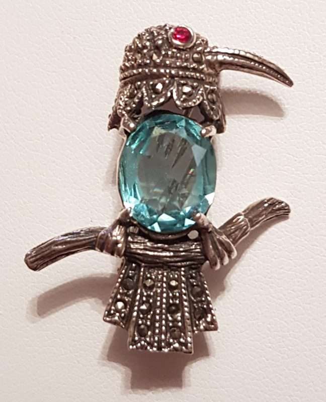 Sterling Silver Marcasite Bird with Blue Brooch