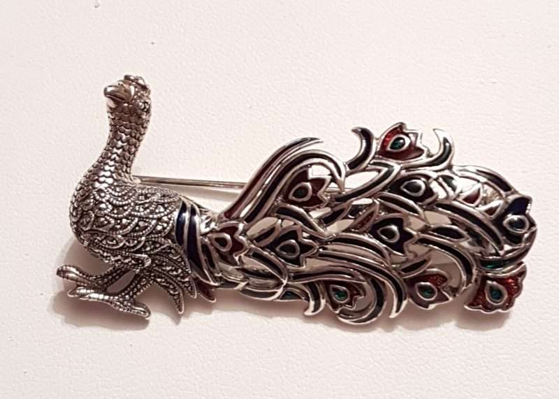 20200404_091036 Sterling Silver Marcasite & Enamel Peacock Brooch