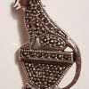 Sterling Silver Marcasite Sitting Cat on Pedestal Brooch - Leopard / Panther / Puma
