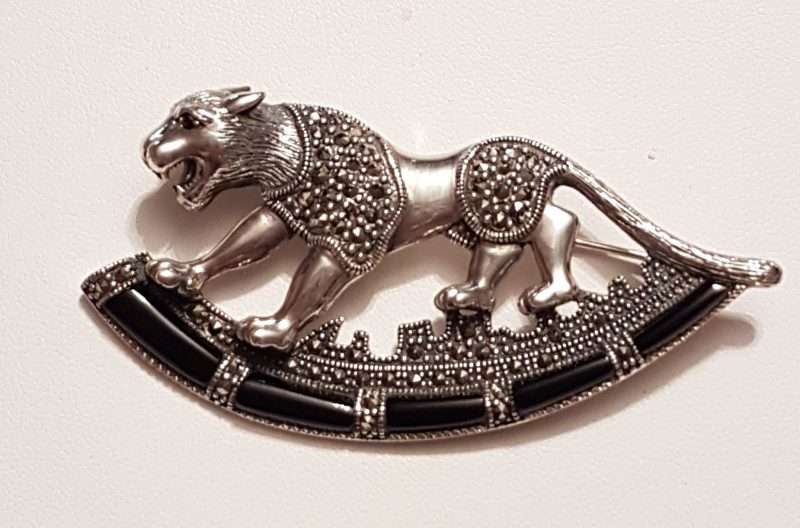 Sterling Silver and Marcasite Brooch - Jaguar with Onyx