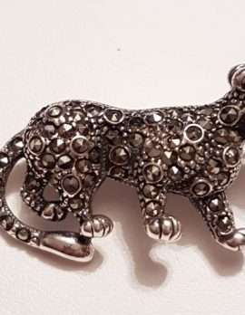 Sterling Silver Marcasite Cat Brooch with Garnet Eye - Leopard / Puma / Jaguar