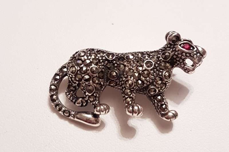 Sterling Silver Marcasite Cat Brooch with Garnet Eye - Leopard / Puma / Jaguar