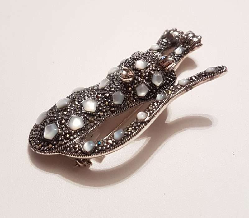 Sterling Silver Marcasite & Mother of Pearl Big Cat Brooch - Leopard / Puma / Jaguar