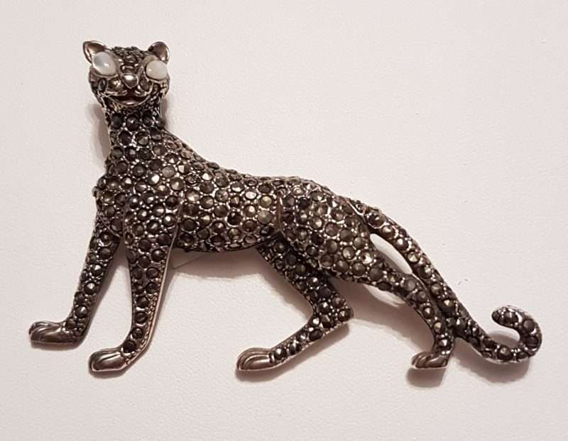 Sterling Silver Marcasite Big Cat Brooch - Puma / Jaguar - Mother of Pearl Eyes