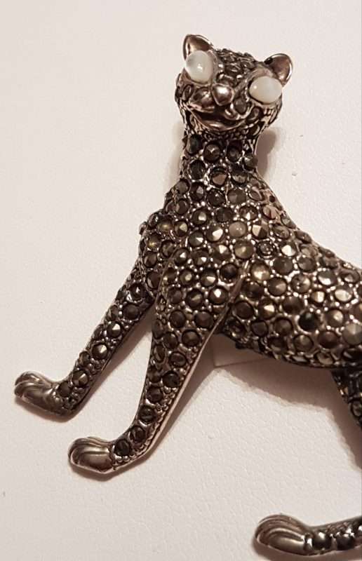 Sterling Silver Marcasite Big Cat Brooch - Puma / Jaguar - Mother of Pearl Eyes