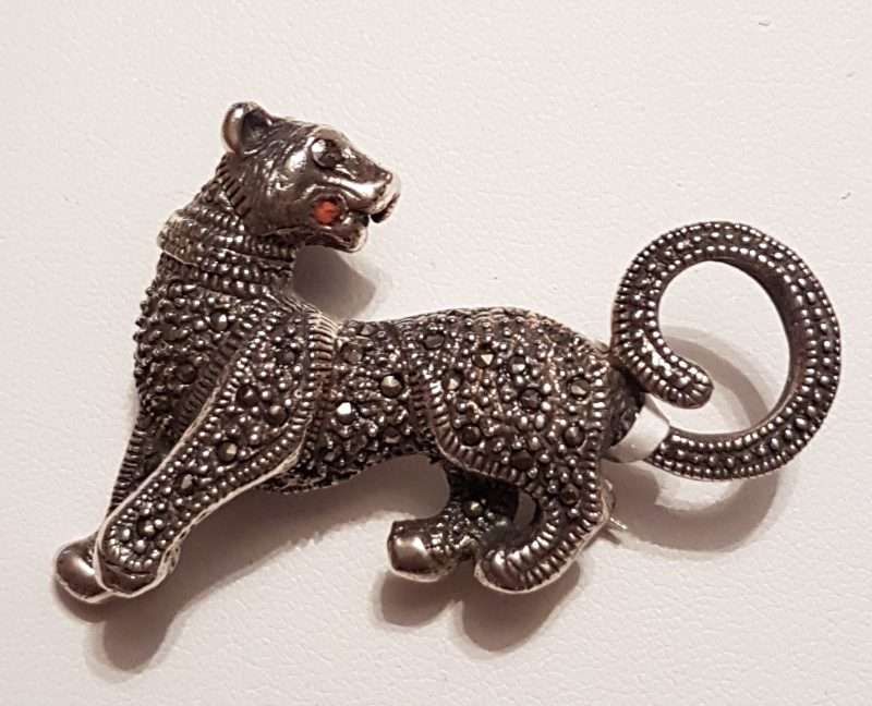 Sterling Silver Marcasite Cat Brooch with Garnet - Puma / Jaguar