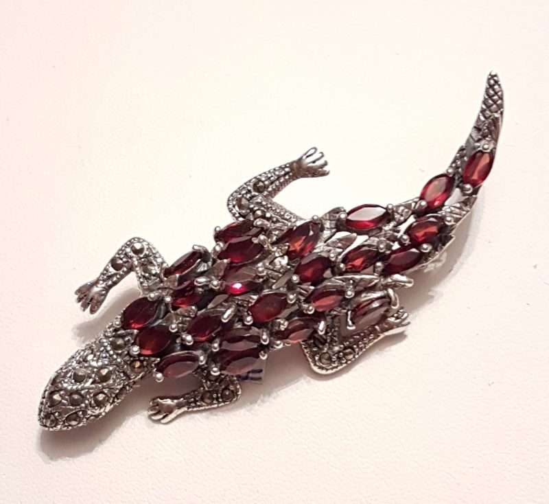 Sterling Silver Marcasite and Garnet Large Brooch - Lizard