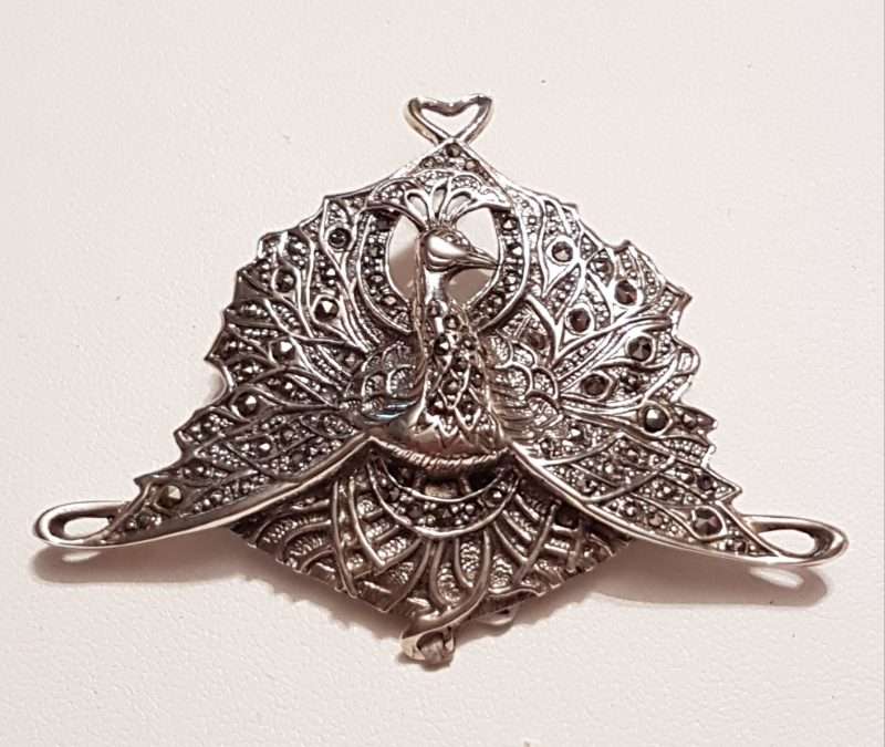 Sterling Silver Marcasite Large Peacock Bird Brooch