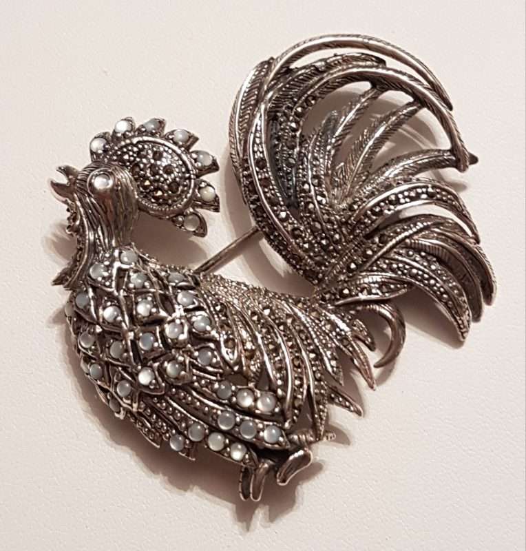 20200404_091904 Sterling Silver Mother of Pearl and Marcasite Rooster Brooch