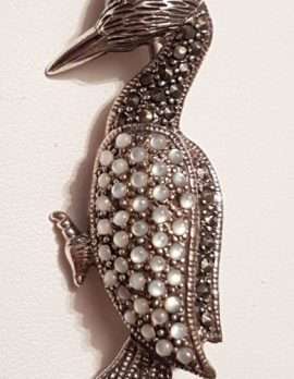 Sterling Silver Marcasite & Mother of Pearl Woodpecker Bird Brooch