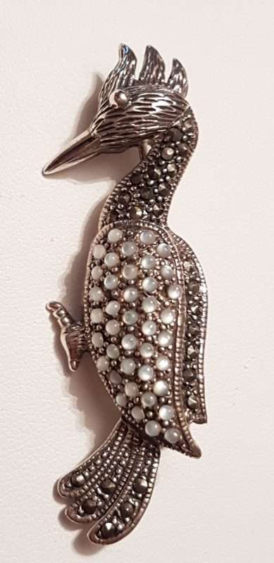 Sterling Silver Marcasite & Mother of Pearl Woodpecker Bird Brooch