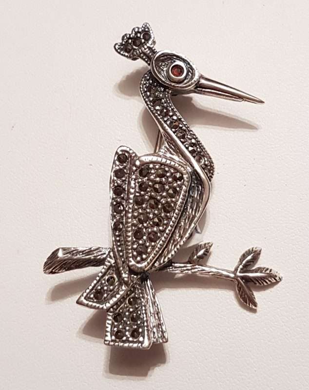 20200404_091947 Sterling Silver Marcasite Crane Bird on Branch Brooch
