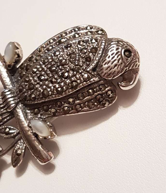 20200404_092025 Sterling Silver Marcasite and Mother of Pearl Large Bird on Branch Brooch