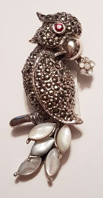 Sterling Silver Marcasite and Mother of Pearl Parrot Bird Brooch