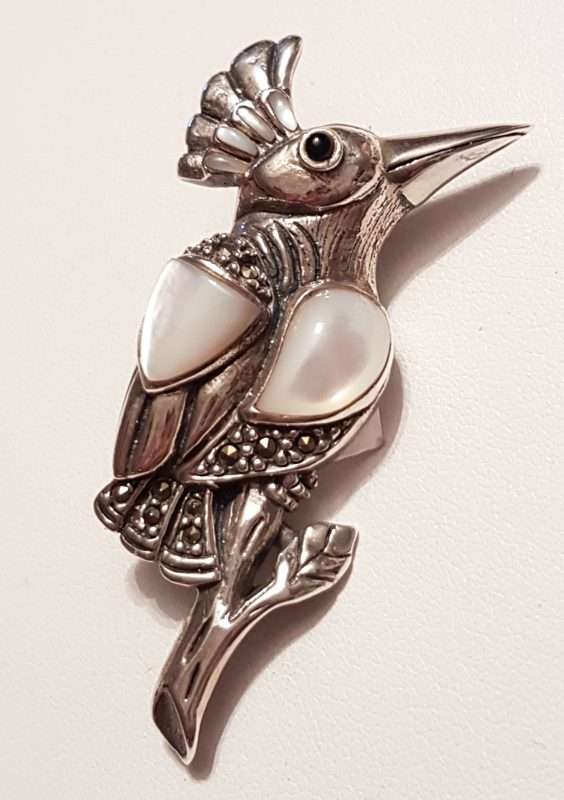 Sterling Silver Marcasite and Mother of Pearl Bird Brooch