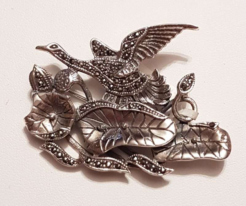 Sterling Silver Marcasite Large Duck / Bird on Water Lily Pond Brooch