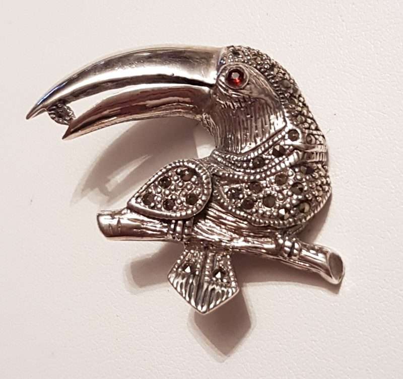 Sterling Silver Marcasite Large Toucan Bird with Garnet Eye Brooch
