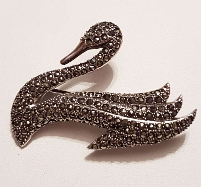 Sterling Silver Marcasite Large Swan Brooch