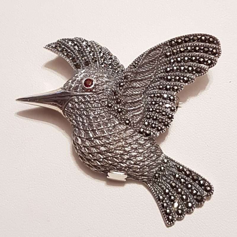 Sterling Silver Marcasite Large Bird / Hummingbird with Garnet Eye Brooch