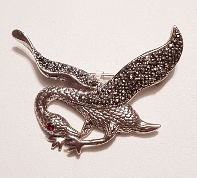 Sterling Silver Marcasite and Red Eye Large Crane Bird Brooch