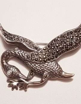 Sterling Silver Marcasite and Mother of Pearl Large Crane Bird Brooch